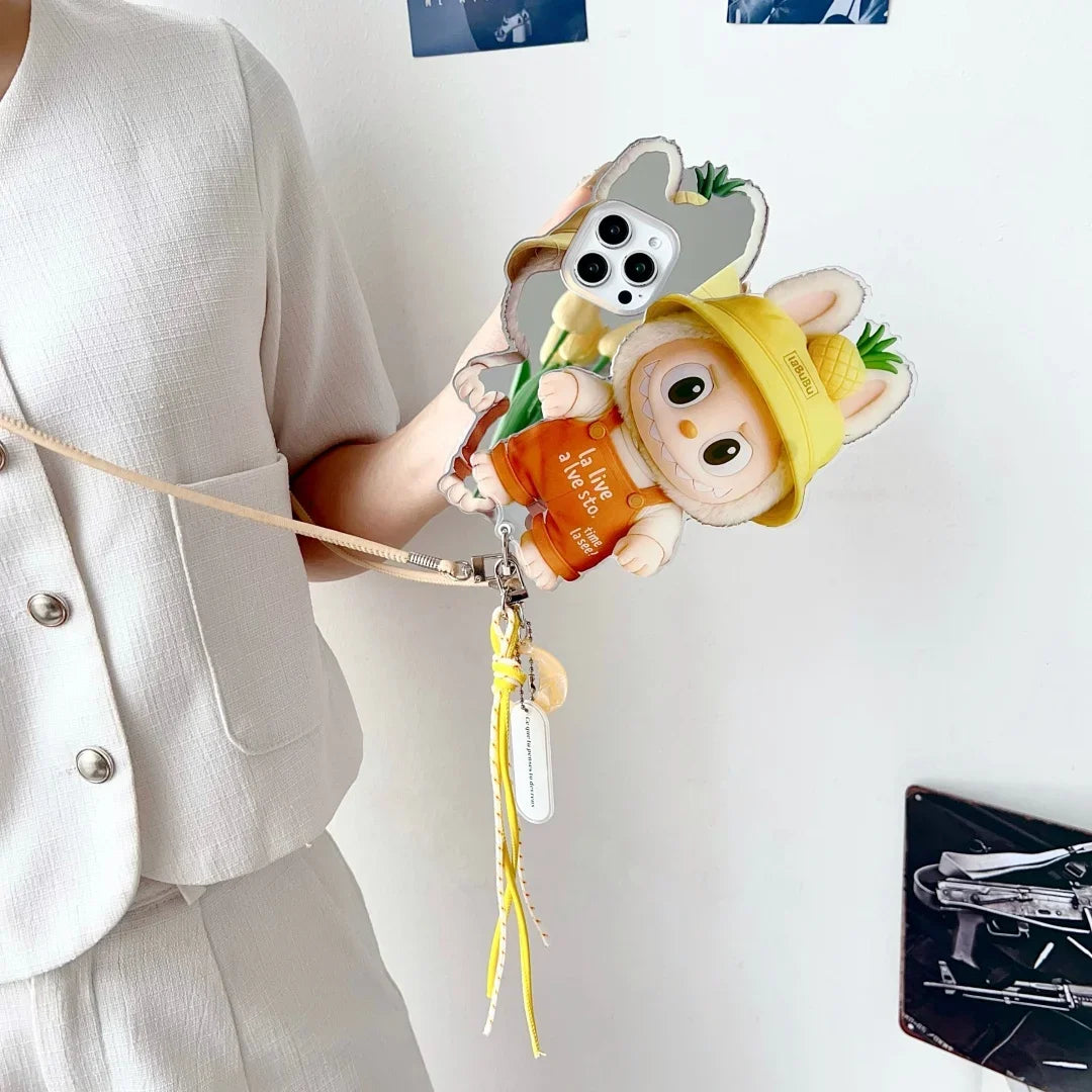 Cute Labubu iPhone Case with Rotating Mirror & Lanyard – Kawaii Protective Cover