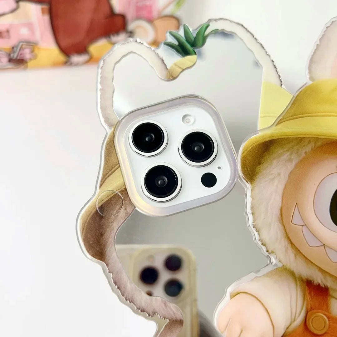 Cute Labubu iPhone Case with Rotating Mirror & Lanyard – Kawaii Protective Cover